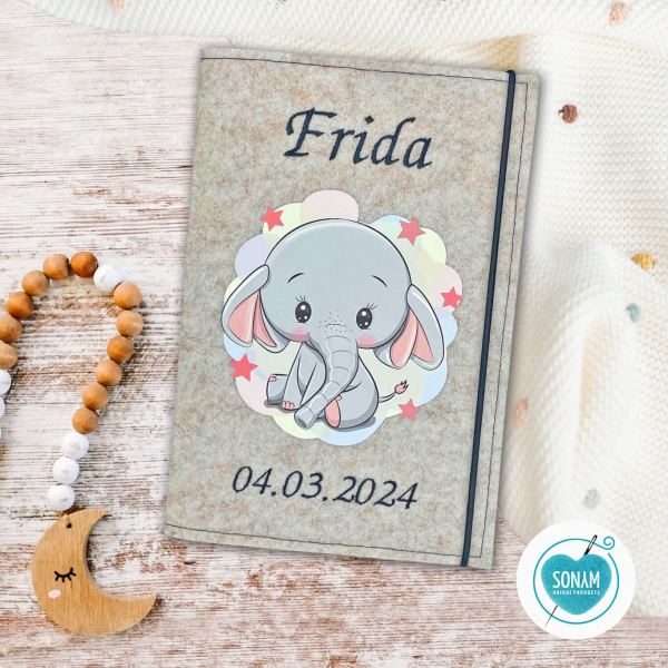 U-Heft Hülle beige meliert Designbeispiel Elefant Mädchen mit Sternen